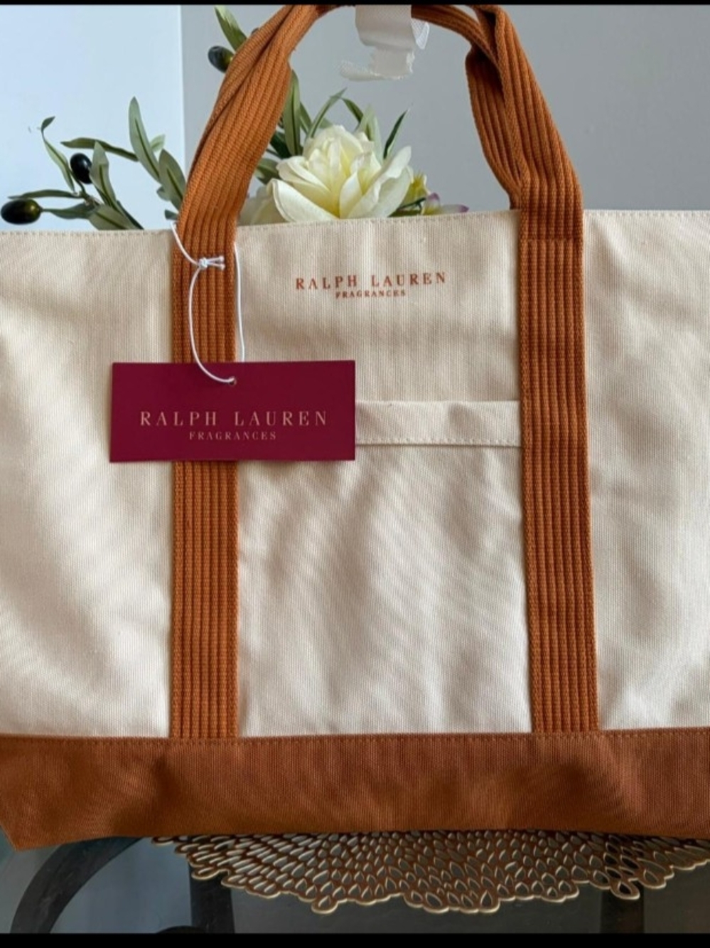 Ralph Lauren Canvas Tote in Cream with Rust-Orange Trim